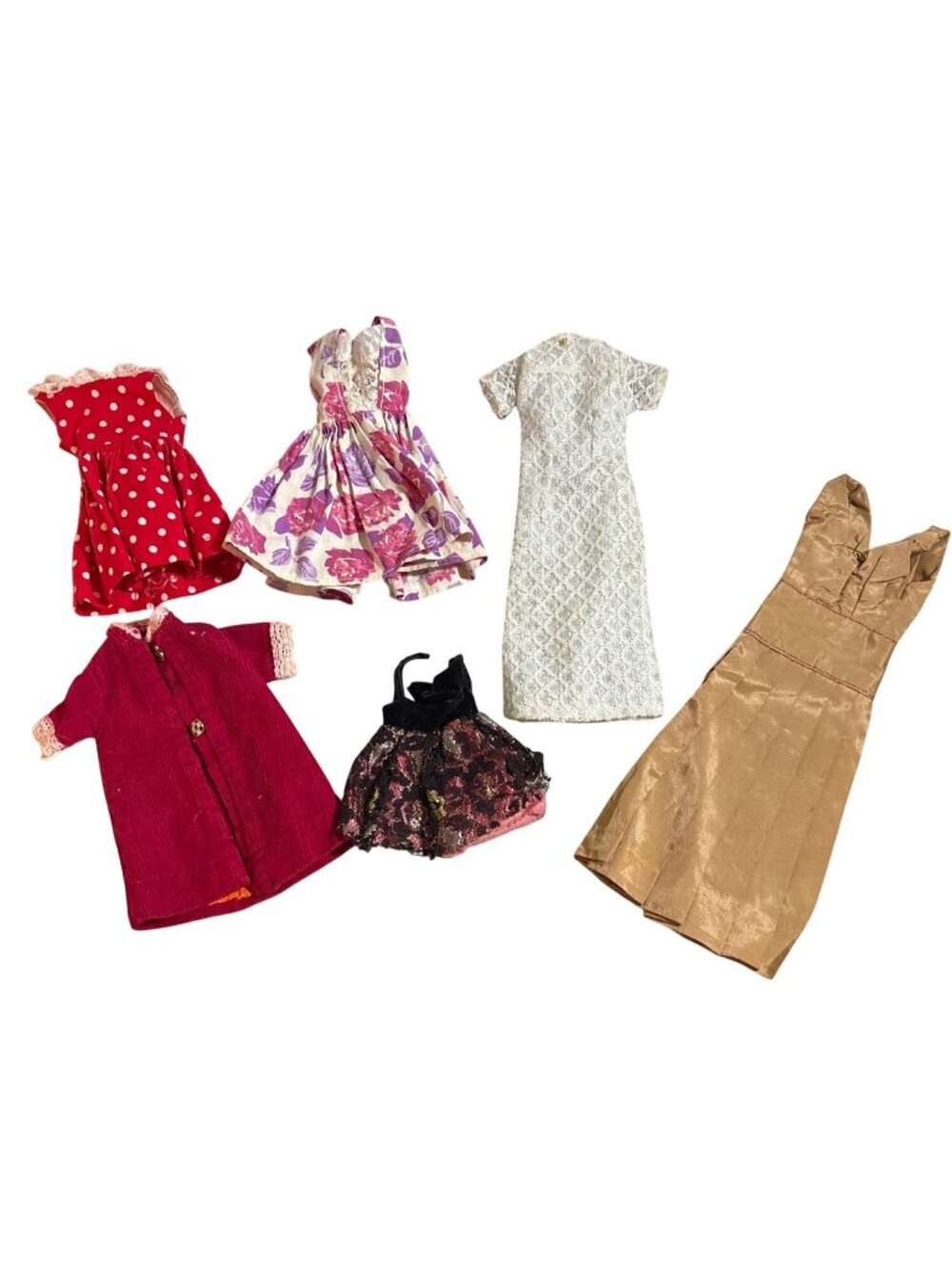 Vintage Handmade Fashion Doll Dresses Lot of 6 Polka Dot Cordoroy Lace Floral